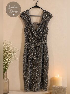 Boohoo Silver Sequin Belted Midi Dress | Cowl Neck Party Dress | Size 12